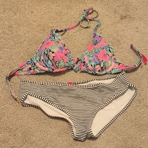 Victoria's Secret Multicolor Floral Bikini with Striped Bottom